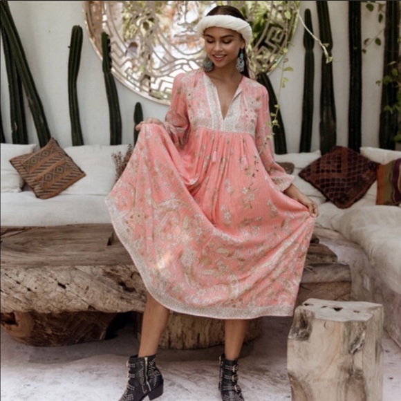 Boho Gypsy Hendrix Floral Pink Peasant Dress Gown hippie free spirit bohemian L - Picture 11 of 14